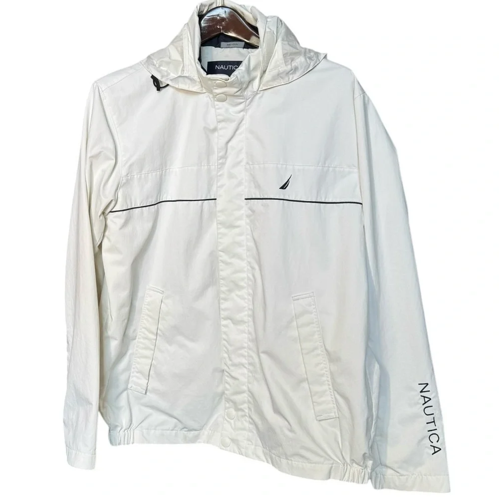 Nautica Men's Large White Sailing Windbreaker Jacket Hood Under Collar Tuck